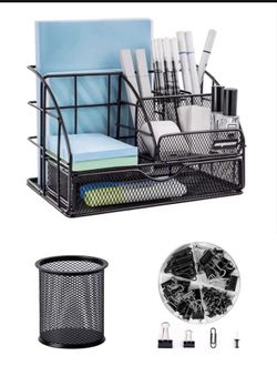 Metal Desk Organizer Black Desk Oranginzer f Work, Office Supplies Desk Organizer for Pens Holder with 5 Compartments + 1 Large Drawer | The Mesh Co