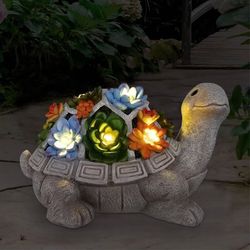Estatuas solares de jardín al aire libre tortuga con suculentas y 7 luces LED – Decoración de césped Estatua de tortuga para patio, balcón, adorno de