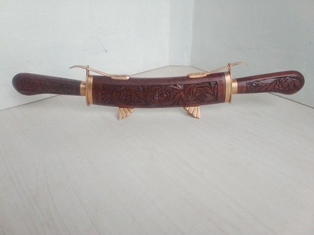 Rare HTF Exquisite Ornately Wood Carved Brass Trim Steel Blades Knife, Fork, & Storage Case Set