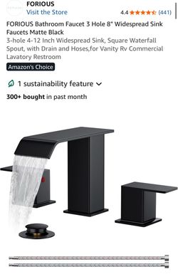FORIOUS Bathroom Faucet 3 Hole 8" Widespread Sink Faucets Matte Black 3-hole 4-12 Inch Widespread Sink, Square Waterfall Spout, with Drain and Hoses,f