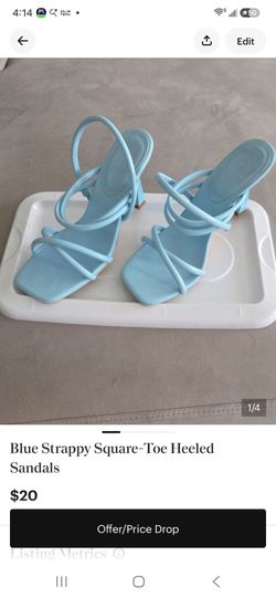 Blue Strappy Square-Toe Heeled Sandals