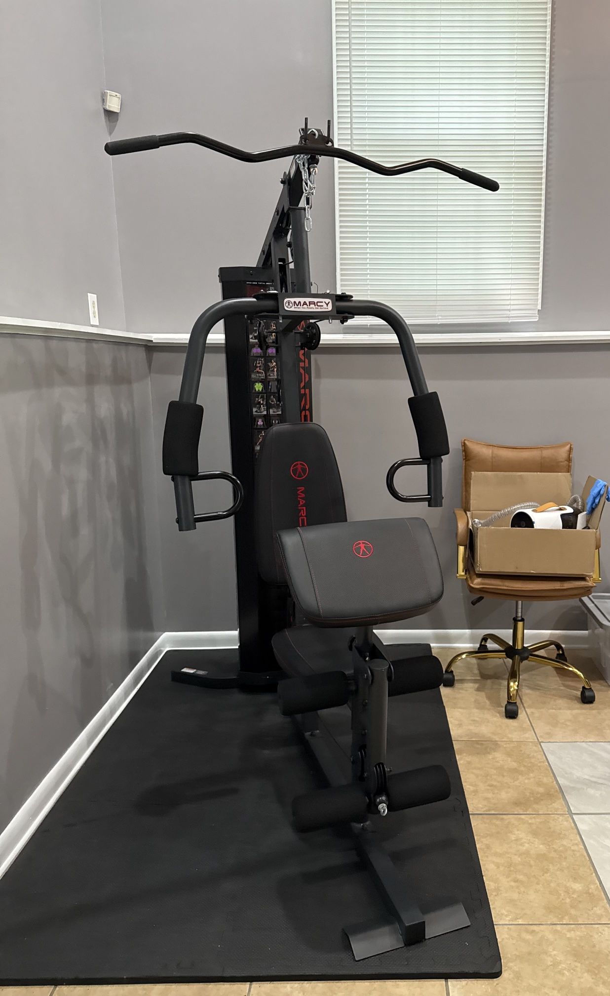 Marcy Workout Bench & Brown Leather Office Chair