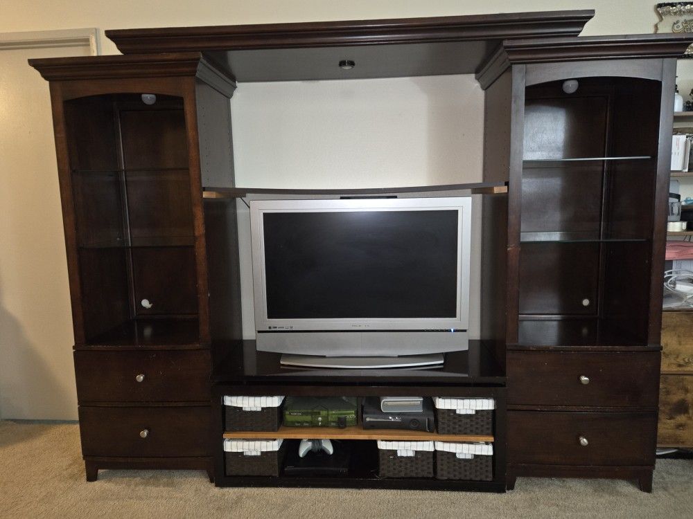 Large Dark Wood Entertainment Center with shelves and drawers Four Piece