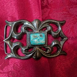 Vintage Navajo Sand Cast Sterling  Turquoise Buckle