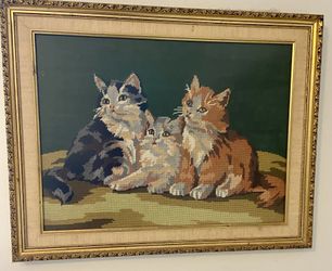 Hand Crafted Wood Framed Tapestry 3 Kitty Cats