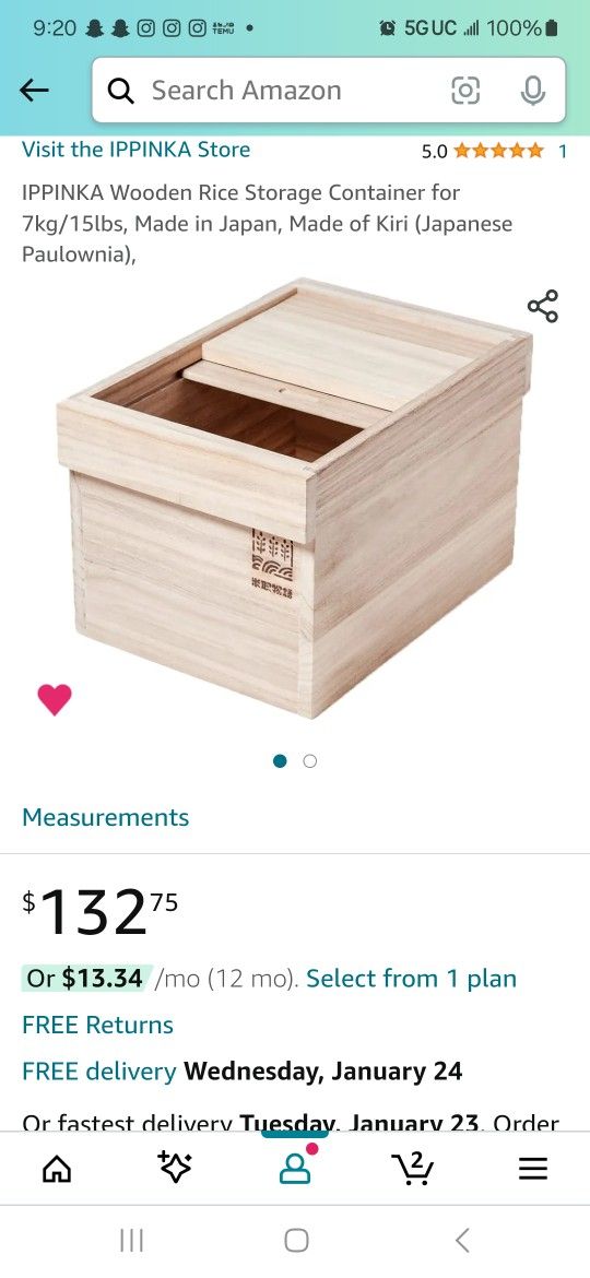 Wooden Rice Storage Container for 7kg/15lbs, Made in Japan, Made of Kiri (Japanese Paulownia)
