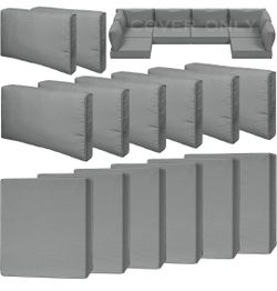 COVERS ONLY 14 Piece Outdoor Patio Waterproof Cushion Covers, Fits 6-Seat Wicker Rattan Sectional Couch Chair Furniture Cover Replacement Set - Fade-R