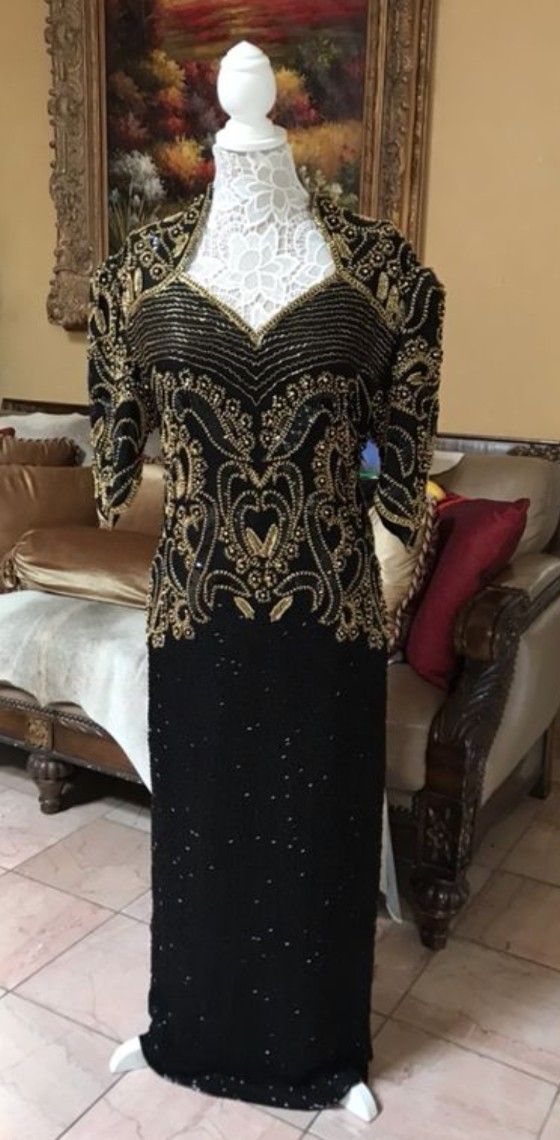 Black and Gold Long Beaded Gown size 12