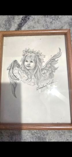 Framed Signed Angel Pencil Drawing Art