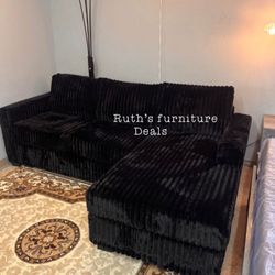 2-pc Sectional Sofa Set Black Fur- Like Jumbo Corduroy  Brand New