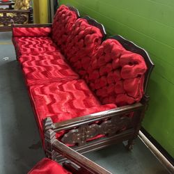 1950’s Original Red Velvet Sofa (Chairs Optional)