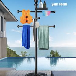 Pool Towel Rack Outdoor, 6 Bars with Top Tray Metal Heavy Duty Never Tilt Pool Accessories with Heavy Metal Base, Hot Tub Accessories Towel Dying Rack