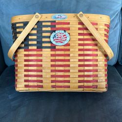 Longaberger 25th Anniversary Basket With Handles And Flag Fabric Liner 1998