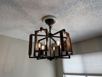 Farmhouse Lantern Chandelier – 6-Light Rustic Wood & Black Metal