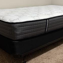 SEALY POSTUREPEDIC PERFORMANCE FIRM TWIN MATTRESS, INCLUDES FOUNDATION AND UNIVERSAL BED FRAME FOR SALE.