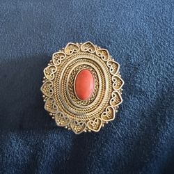 Elegant Vintage Sterlng Silver Filigree Coral Brooch Pin
