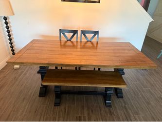 Farmhouse Dining Table Set with Bench & Chairs (Solid Wood)