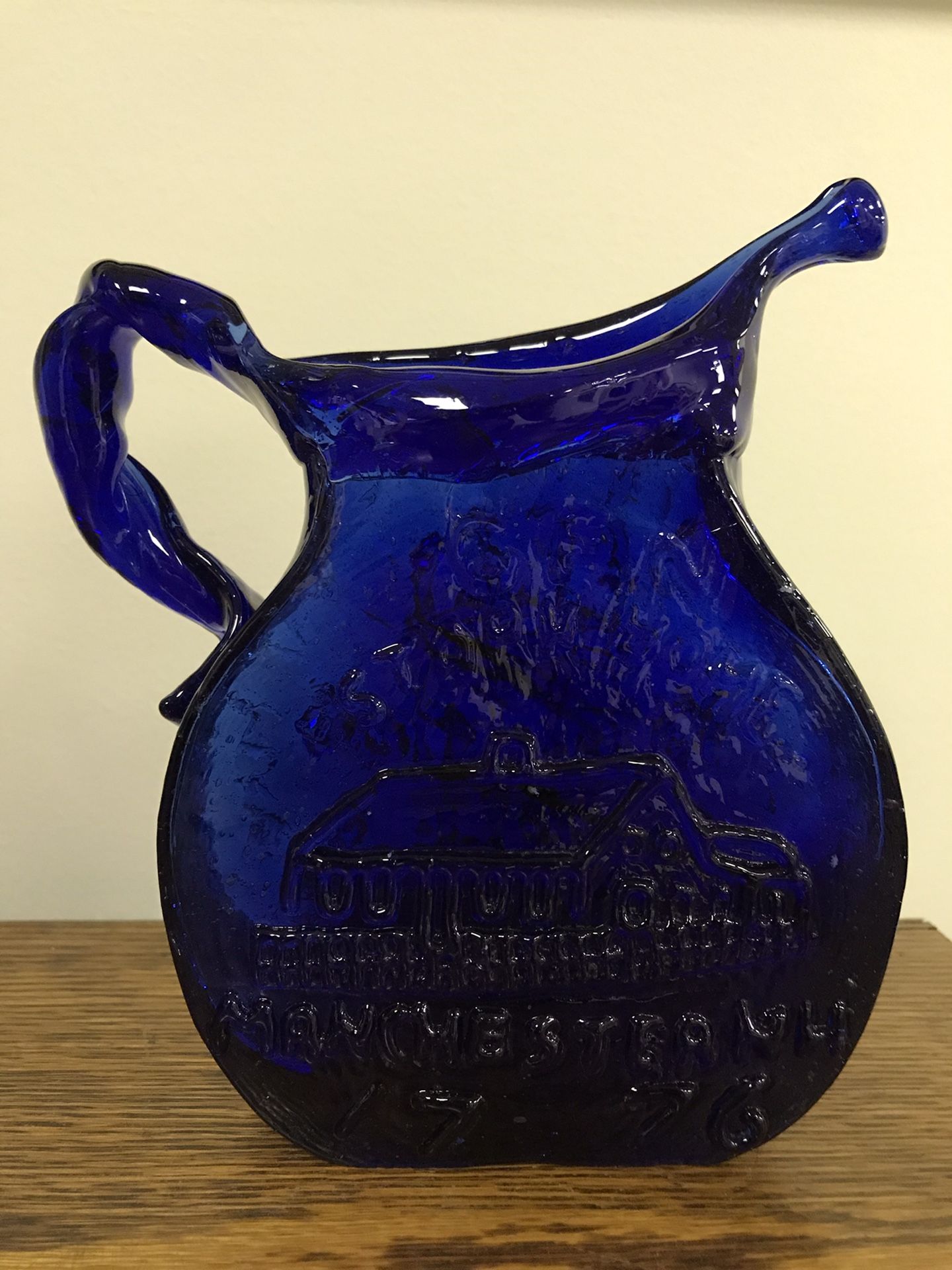 Vintage John Harko Folk Art Cobalt Blue Glass Manchester NH Pitcher Massebesic Lake Sand