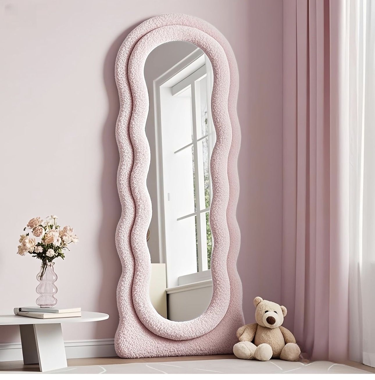 Full Length Mirror, 63" x 24" Irregular Wavy Mirror, Large Floor Length Mirrors Wall Mounted, Standing Wavy Mirrors with Teddy Velvet Wrapped Wooden F