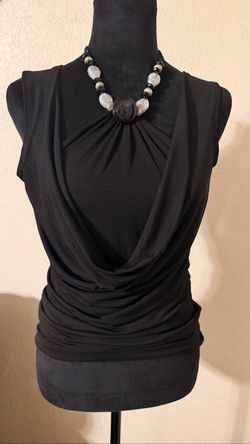 BCX Black Cowl Neck Sleeveless Top with Attached Beaded Necklace