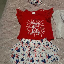 Baby's "Happy 4th Of July" Print 2pcs Independence Day Outfit, Lace Sleeve Bodysuit & Layered Shorts Set, Toddler & Infant Girl's Clothes For Daily/Ho