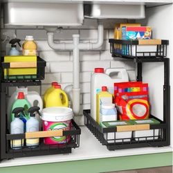 Under Sink Organizer, 2 Packs 2 Tier Under Sink Organizers and Storage, Slide out Pull out Cabinet Organizer Shelf, Metal Sliding Drawer for Kitchen B