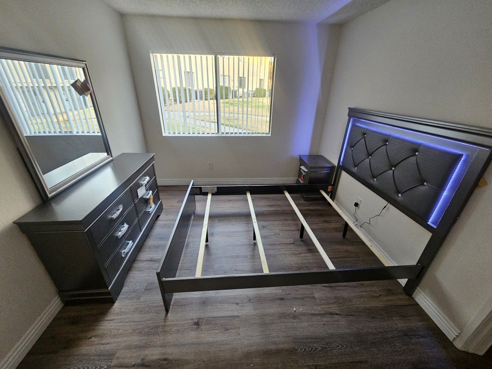 Queen Size Bedroom Set With LED Light Bed, 1 Night, Dresser & Mirror $699
