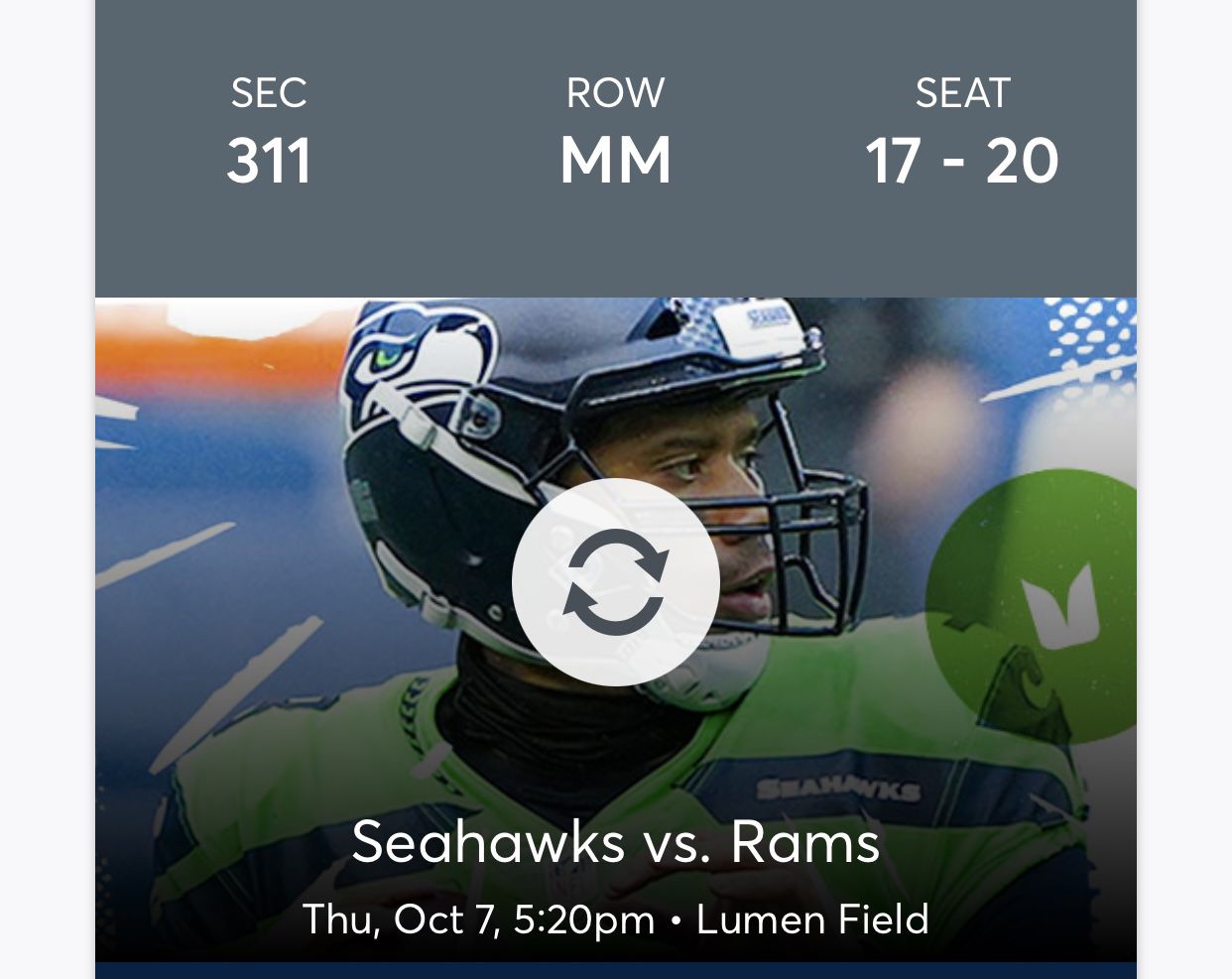TNF Seahawks Vs Rams Oct 7th 5:20pm