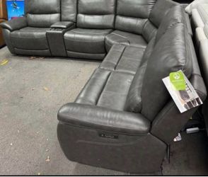 Gray Leather Power Reclining Sectional Sofa