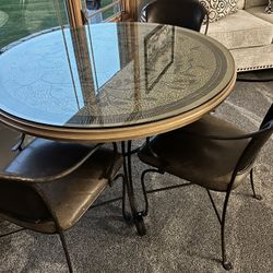 Mosaic Iron Table With Glass Top That Can Be Removed With 4 Padded Iron Chairs
