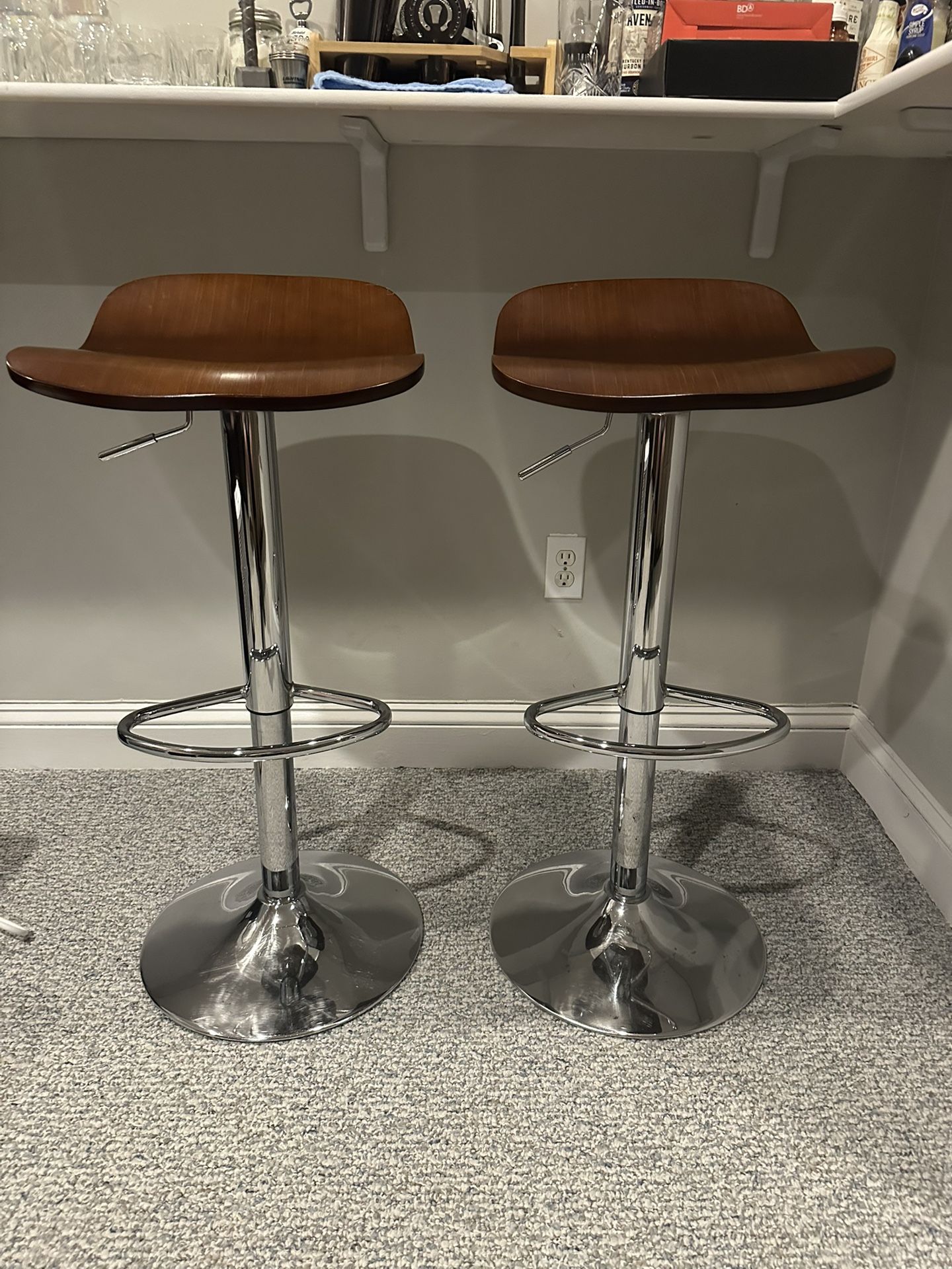 Modern Adjustable Wood & Chrome Bar Stools (Set of 2)