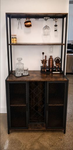 Bar Cabinet with 16-Bottle Wine Rack, LED Lights & Bar Accessories