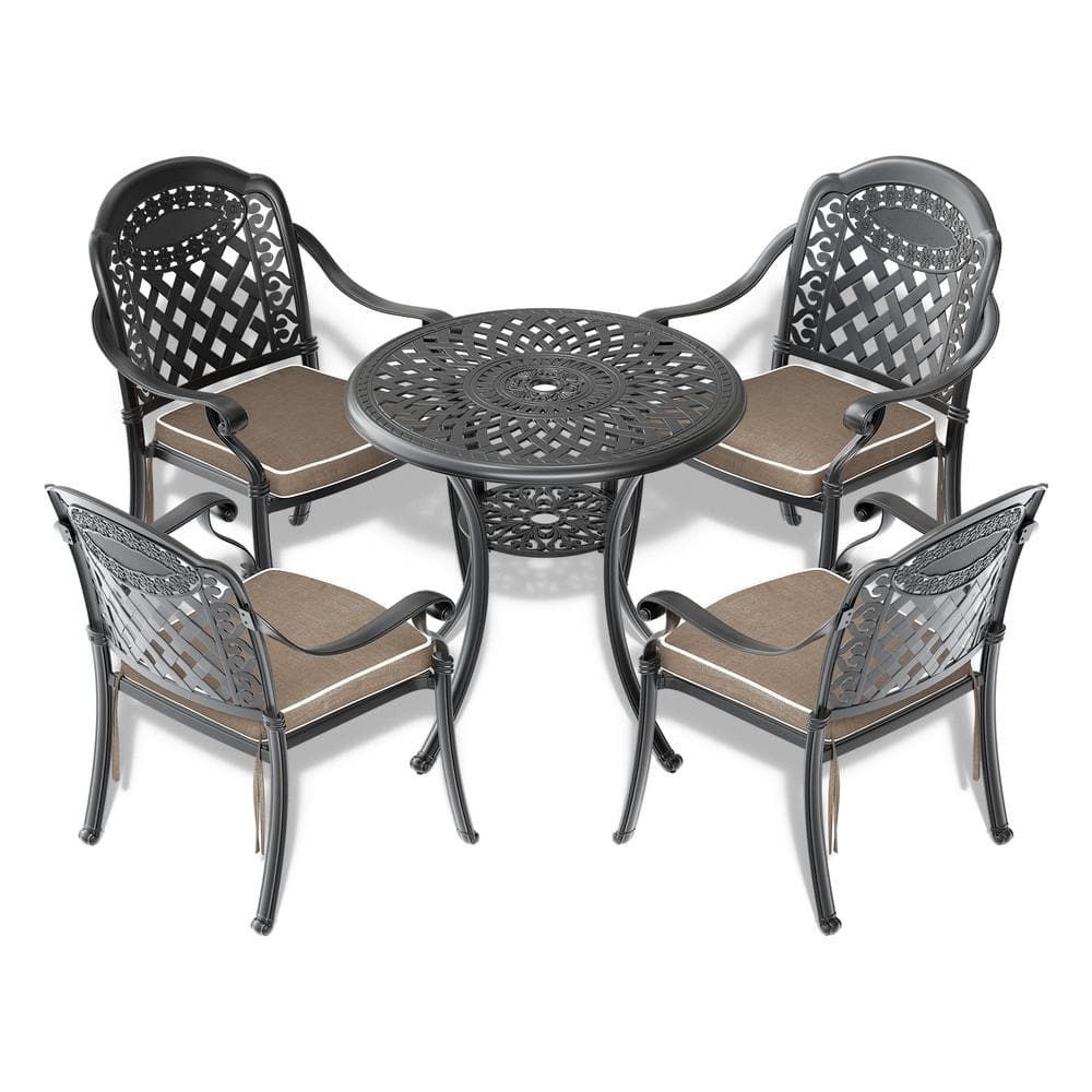 New In Box Isabella 4-Piece Cast Aluminum Outdoor Dining Set Chairs with blue Cushions