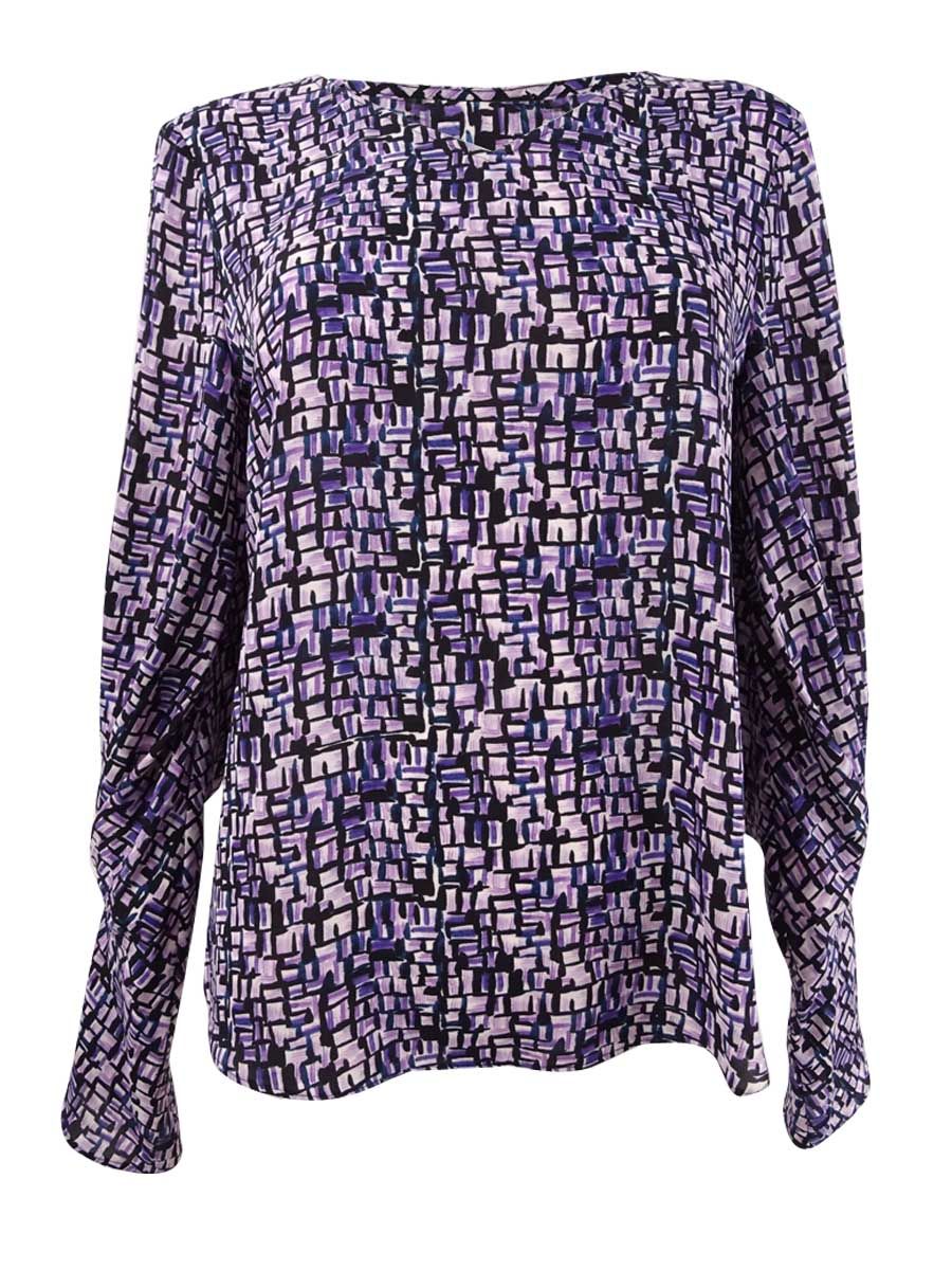 DKNY Women's Printed Pleated-Sleeve Blouse (S, Purple Multi)