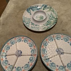 Set Of Beach Tableware -chips And Dip Plate And 8 Plastic Dinner Plates 
