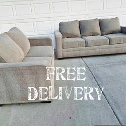 Free Delivery × Clean Tan Greige Sofa Couch With Matching Loveseat 2pc 