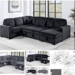 $649-4Piece Convertible Sectional  Sleeper Sofa ,Chaise Storage ,Sofa Storage & USB Ports 98” x 103” x 61” x36”H