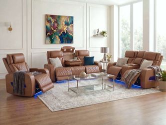 Light Brown Leather Aire Transformer Power Reclining Sofa, Loveseat & Chair Living Room Set with Power Headrest, Bluetooth Speakers, LED Lights, Wirel