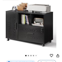 Office File Cabinet with Lock, 1-Drawer Wood Lateral Filing Cabinet on Wheels, Printer Stand with Open Storage Shelves for Home Office, Black 