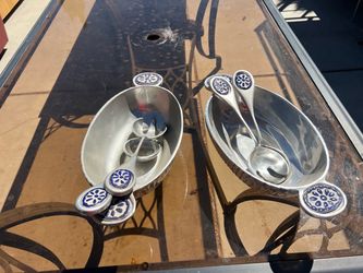 Vintage Mexican Pewtar Serving Bowls W/ Matching Utensils!