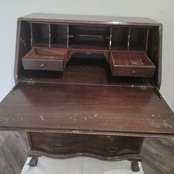 Vintage Solid Wood Secretary Desk – Drop Front, Serpentine Drawers
