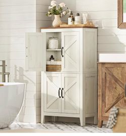 Farmhouse Storage Cabinet, Bathroom Floor Cabinet with Barn Doors, Freestanding Kitchen Pantry, Adjustable Shelves, for Dining Room, Living Room, Rust