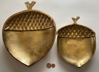 Vintage Set of 2 Metal Serving Trays, Platters, Plates, Brass Covered Metal, 12" x 10" and 9 1/2" x 7 1/2", Kitchen Decor, Shelf Display