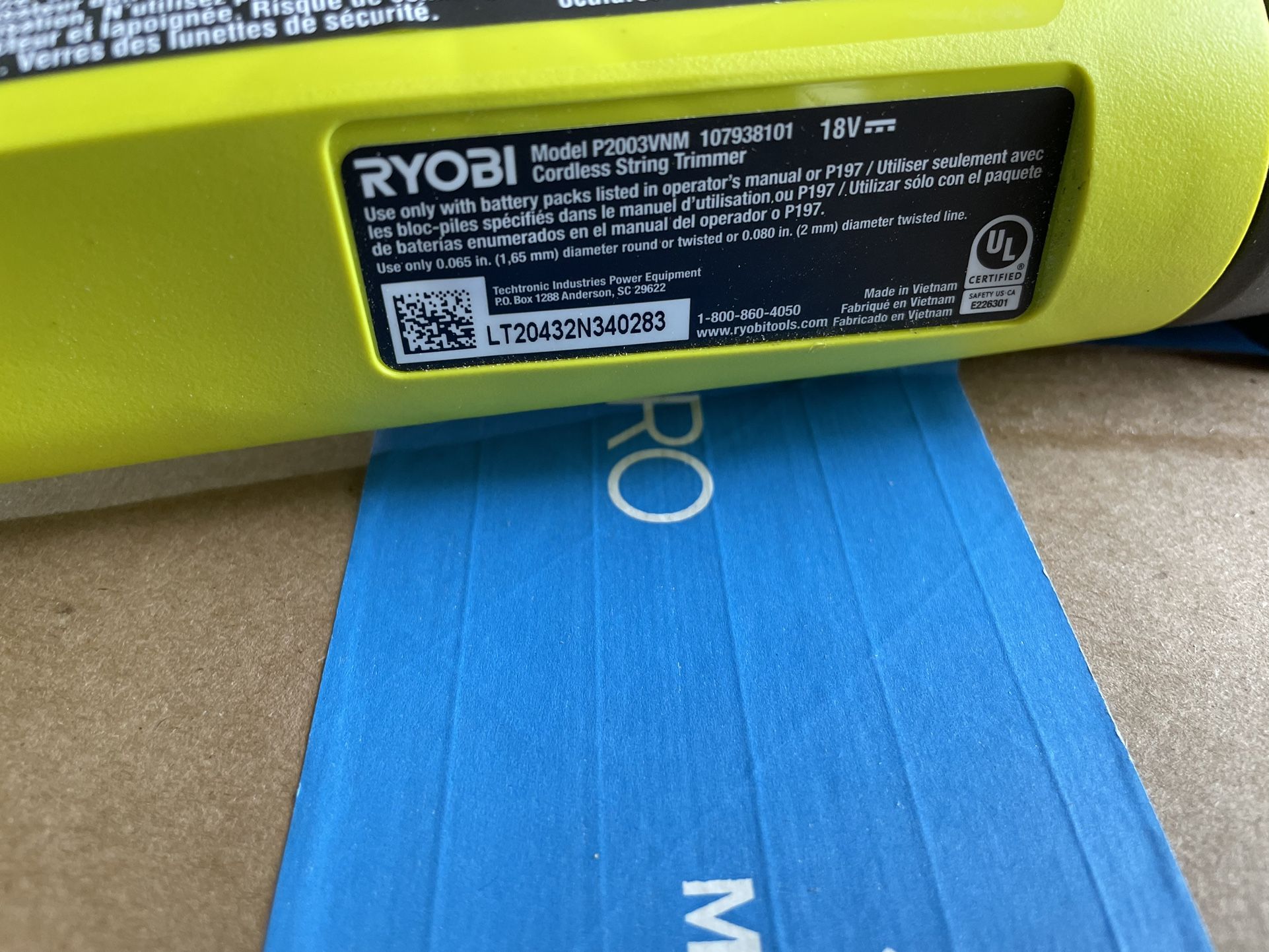 Ryobi P2003vnm 18V 10 Inch Cordless String Trimmer (Tool Only) for Sale