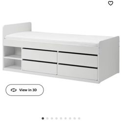Bed frame w/storage+slatted bedbase, white