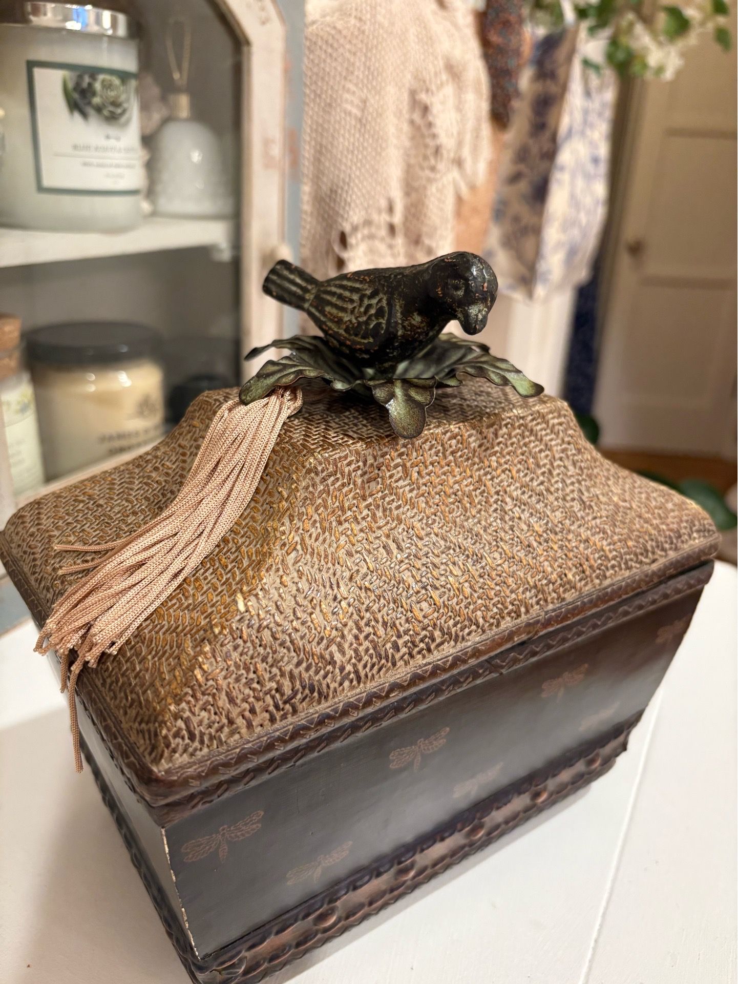 Wood trinket box with bird on top