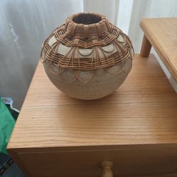 Handmade Pottery Vase With Wicker Accents