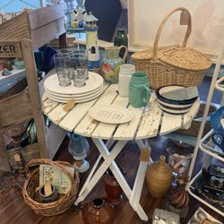 Distressed and Chippy White Fold-Up Wooden Table Has Umbrella Holder– Rustic Coastal Charm 