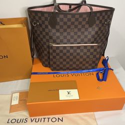  Brand New Louis Vuitton Damier Ebene Neverfull Pink Interior Handbag