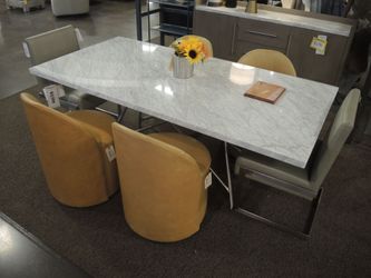 Modus Coral Rectangle Marble Dining Table - White Marble Top With Polished Silver Base